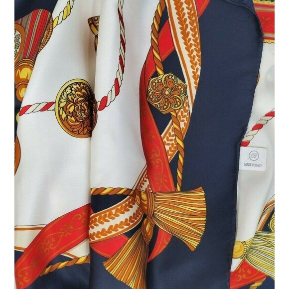 Italian Blue Framed Scarf Wrap Medallions Tassels 44" Square Vintage Polyester - Picture 10 of 11